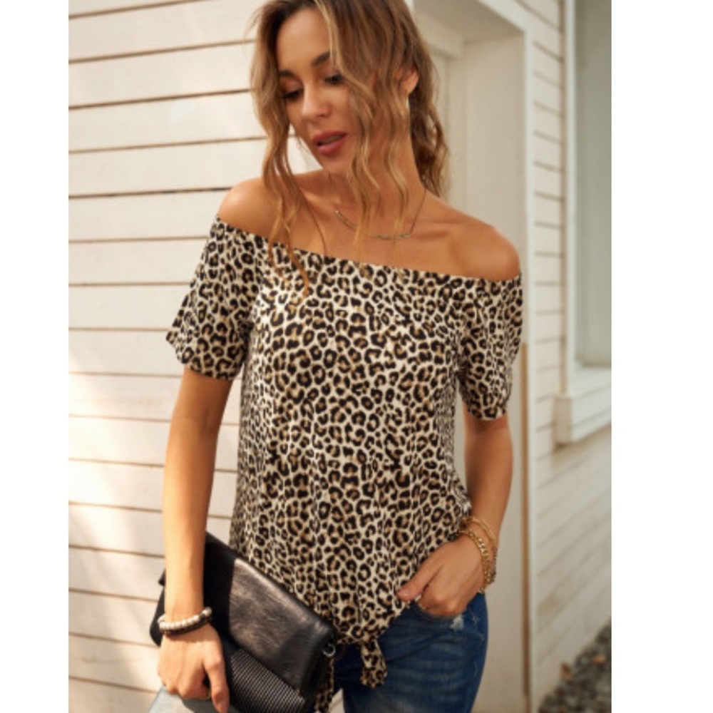 Off The Shoulder Short Sleeve Leopard Top